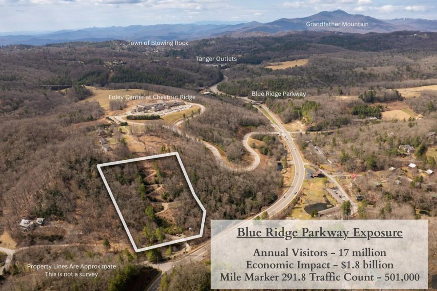 Aerial view showing property outline, Blue Ridge Parkway, Grandfather Mountain, and Town of Blowing Rock
